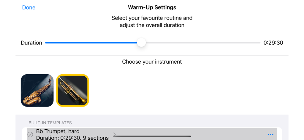 ウォーミングアップの時間選択やトランペットなどの楽器選択を行う設定画面