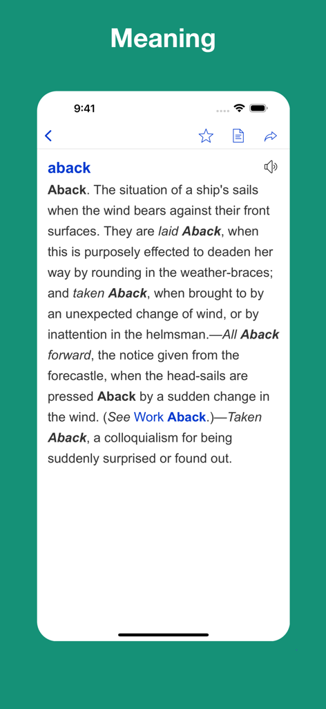 Dictionary of Nautical Terms - Captura de pantalla de la aplicación Diccionario de Términos Náuticos que muestra la definición detallada del término marítimo aback.