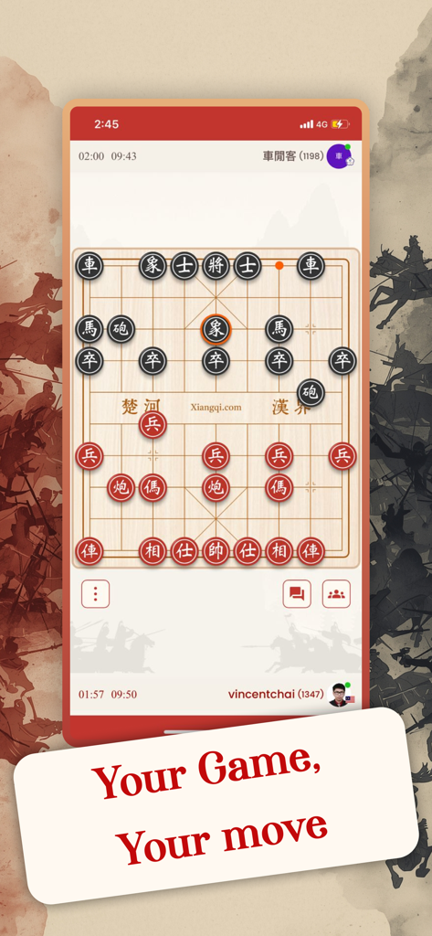Xiangqi Chinese Chess Online - Una pantalla móvil que muestra una partida de Xiangqi Ajedrez Chino en progreso con el texto Tu Partida Tu Movimiento.