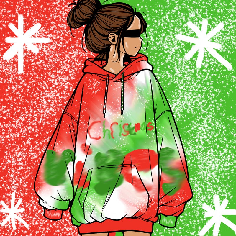 realistic girl with a oversized sweatshirt on and a bun