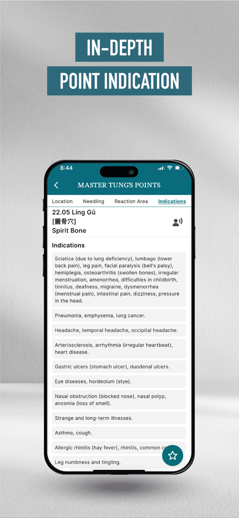 Master Tung's points - A mobile screen from Master Tung's Points app showing in-depth point indications for the Spirit Bone point, listing various medical conditions it can treat.