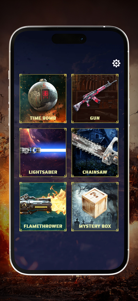 Main menu of the Timebomb Prank Gun Simulator app featuring options for time bombs guns lightsabers and chainsaws