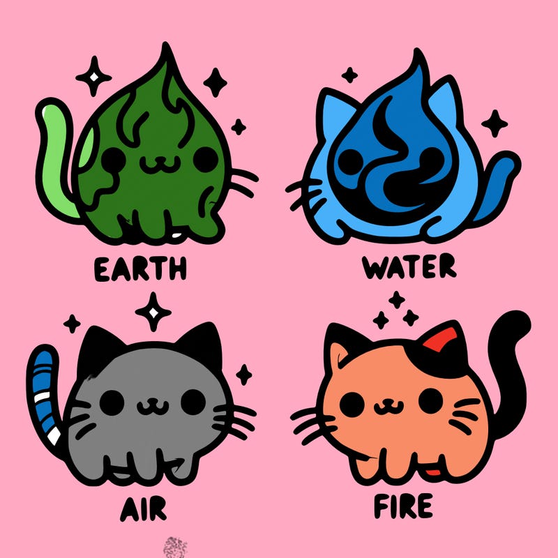 4 cats that represent the different elements, earth, water, air, and fire