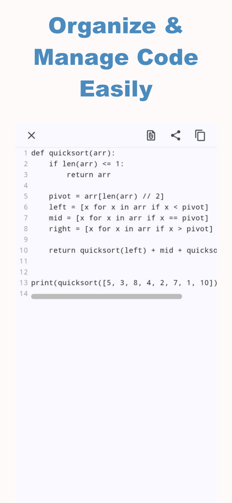 PyStudio - Learn & Run Python - Python code editor interface in the PyStudio app showing a quicksort algorithm script