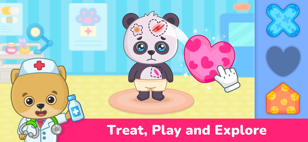 Kids Doctor Games: Hospital 3+ - Un juego de doctor para niños que muestra a un oso doctor tratando a un panda con vendas en forma de corazón