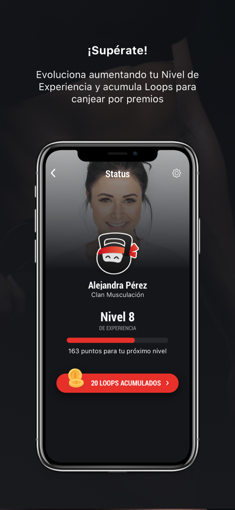 BH GYMLOOP - Pantalla de la aplicación BH GYMLOOP que muestra el perfil del usuario con nivel de experiencia y puntos de recompensa.