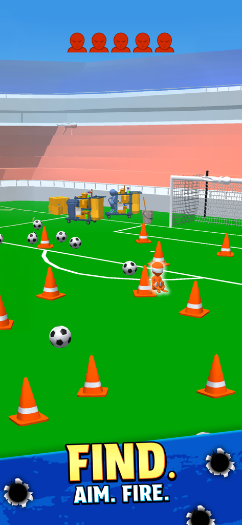 Camo Sniper - A low poly soccer field scene in Camo Sniper with orange cones and hidden characters to find.