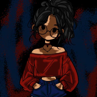 girl with a messy ponytail glasses a baggy crop top and jean shorts