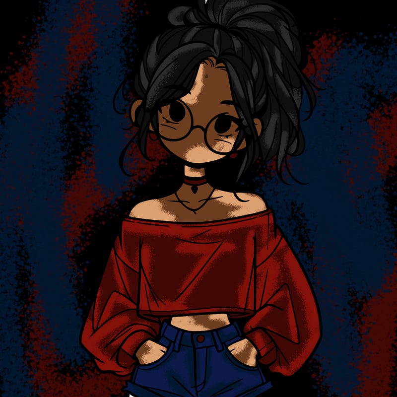 girl with a messy ponytail glasses a baggy crop top and jean shorts