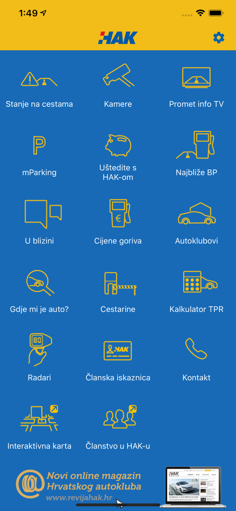Croatia Traffic Info – HAK - Main dashboard of the Croatia Traffic Info HAK app with icons for road conditions and travel tools
