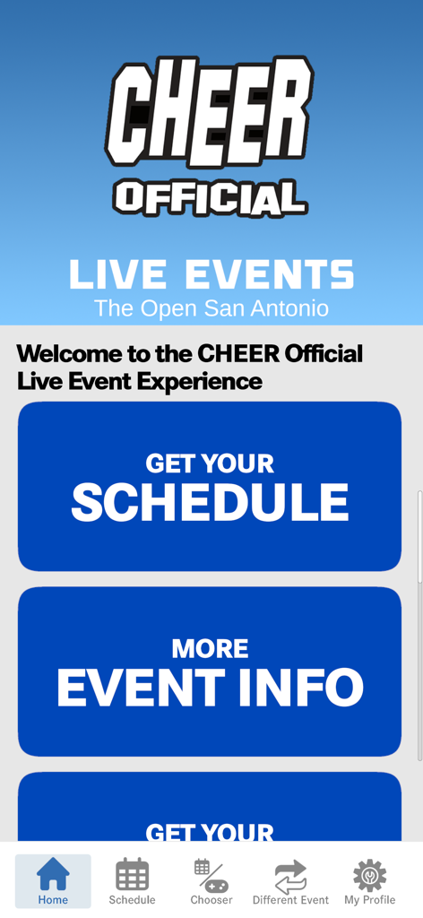CHEER Official 3D - Cheer Official 3D app live event screen for The Open San Antonio with schedule and event info buttons