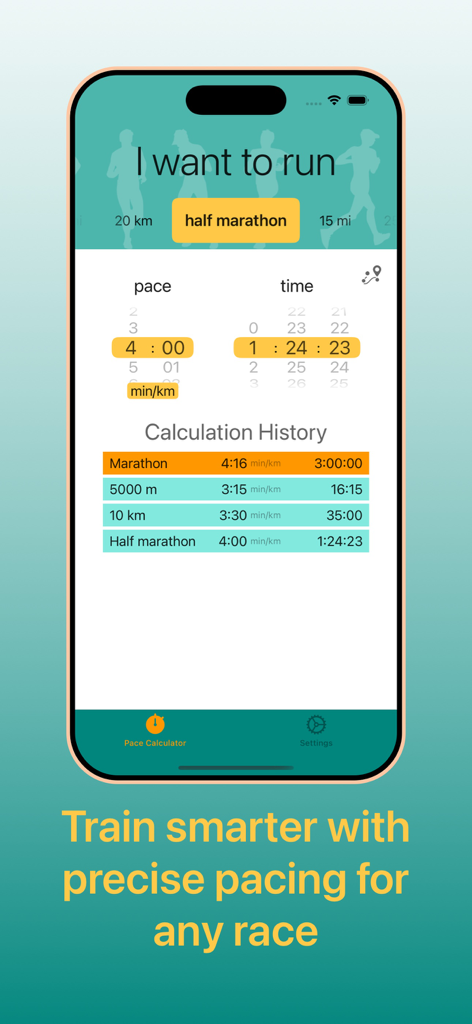 I Want to Run: Race Pace Calc - I Want to Run app main screen displaying half marathon pace and calculation history