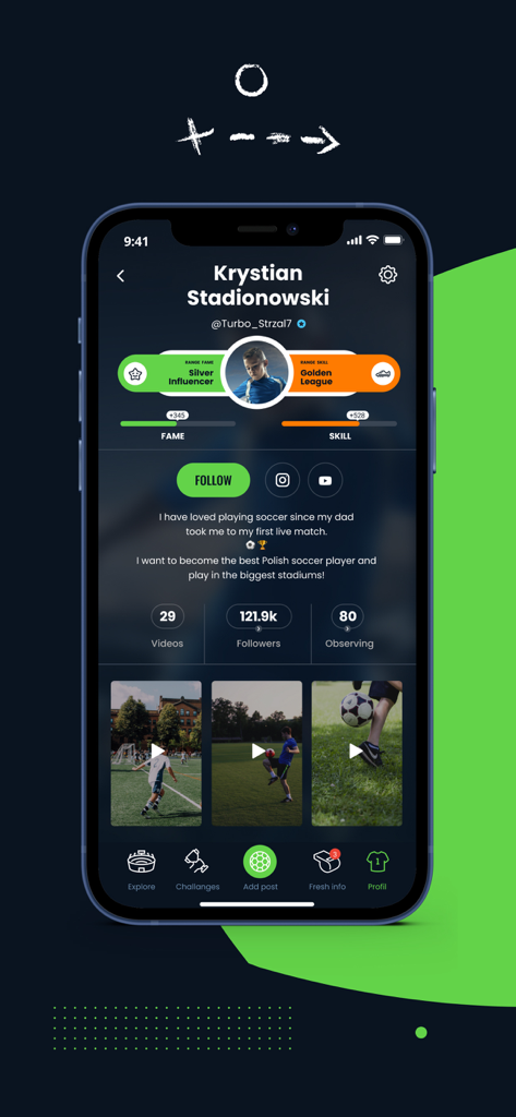 User profile screen on 4GOAL app displaying soccer player stats skill levels and video highlights