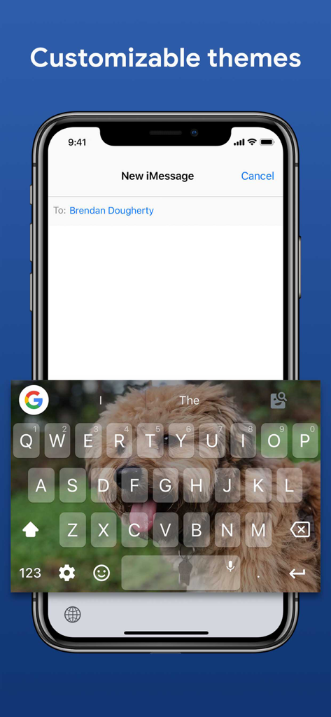 Gboard para iOS que muestra un tema de teclado personalizable con una foto de un perro de fondo