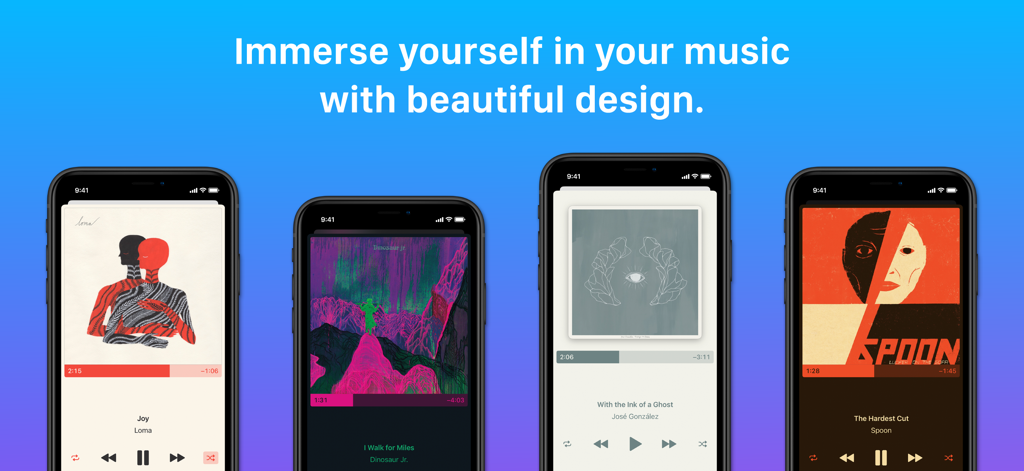 Cs Music Pro - Four iPhones displaying the Cs Music Pro player with different album artwork and color-matched interfaces