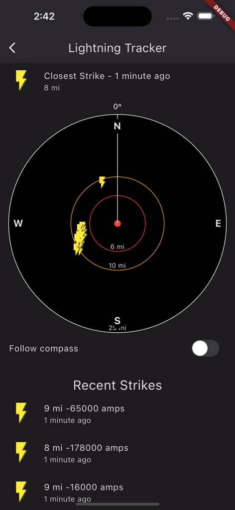Shadow Weather - Shadow Weather lightning tracker screen displaying real time strikes on a compass radar with distance and intensity data