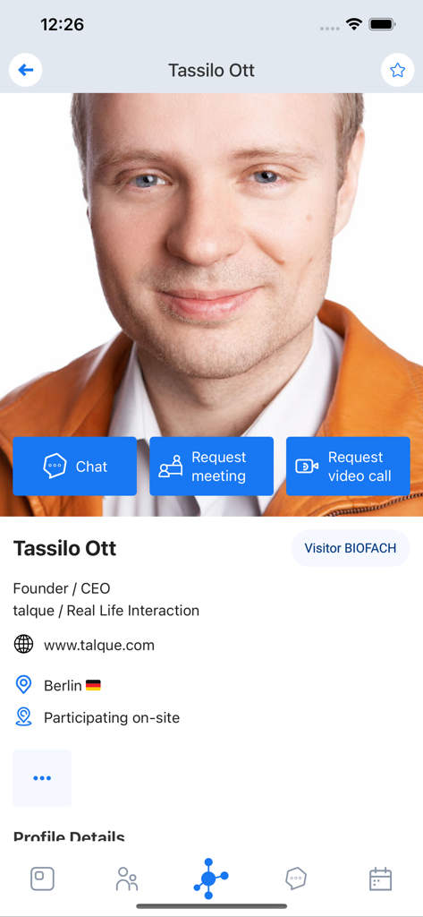 Attendee profile screen in the BIOFACH 2025 app displaying networking options like chat and meeting requests