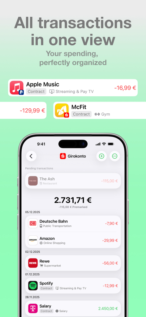 Financial - Manager & Tracker - iPhone screen showing a list of organized financial transactions and bank account balance