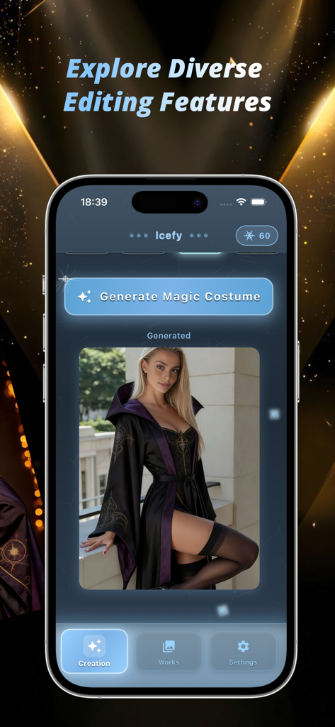 Icefy app screen showing an AI generated fantasy wizard costume for a portrait photo