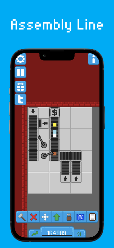 Assembly Line! - Pixel art factory layout with conveyor belts and machines in Assembly Line mobile game