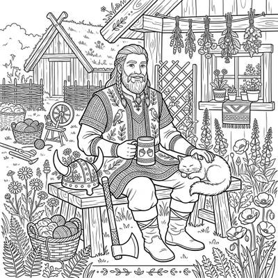 Step into a charming world where Viking might meets pastoral serenity with this unique Jarl Cottagecore coloring page. This intricate design invites you to color a chieftain enjoying a peaceful moment surrounded by nature's beauty and rustic comforts.