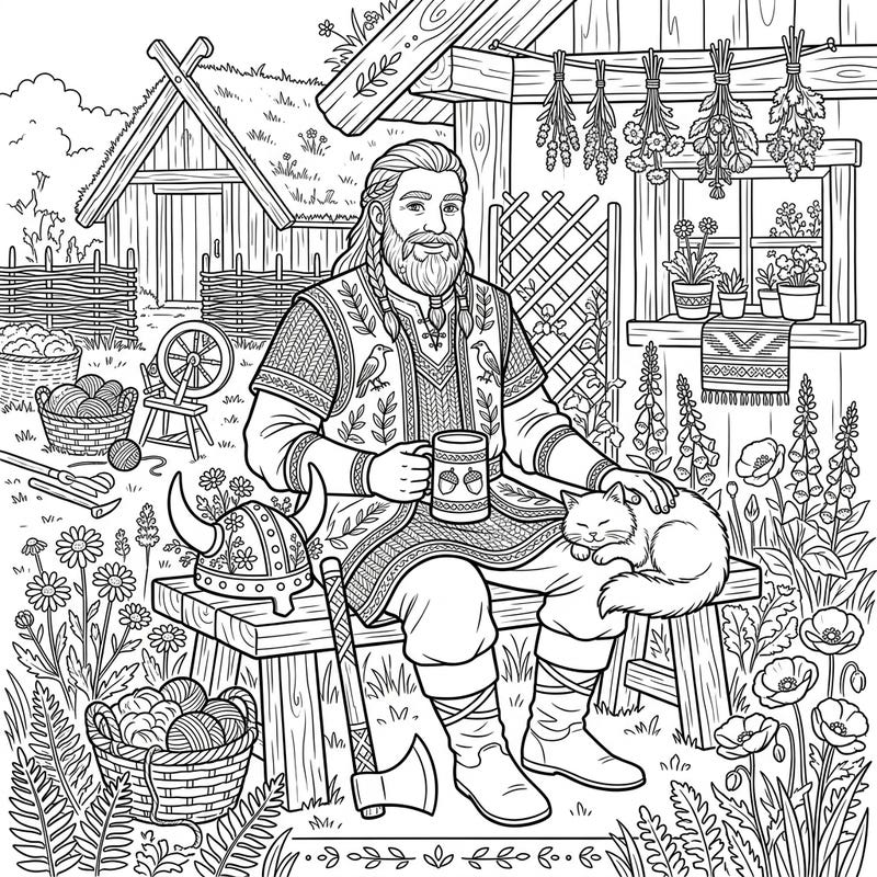 Step into a charming world where Viking might meets pastoral serenity with this unique Jarl Cottagecore coloring page. This intricate design invites you to color a chieftain enjoying a peaceful moment surrounded by nature's beauty and rustic comforts.