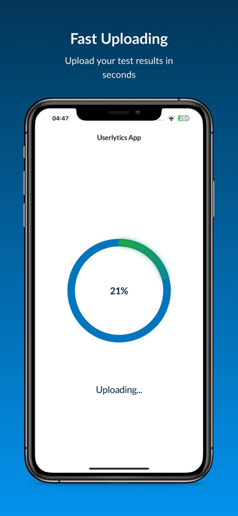Mobile screen of Userlytics app showing a progress bar for fast uploading of user test results