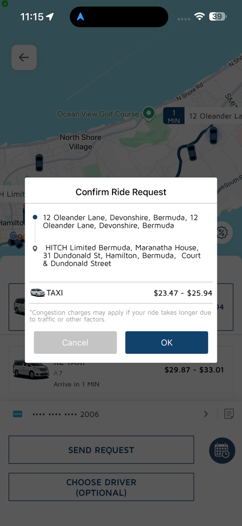 A screenshot of the Hitch Bermuda Driver app showing a ride request confirmation with fare estimate and pickup locations