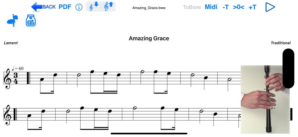 Bagpipe Player app interface showing sheet music for Amazing Grace with a practice chanter fingering guide.