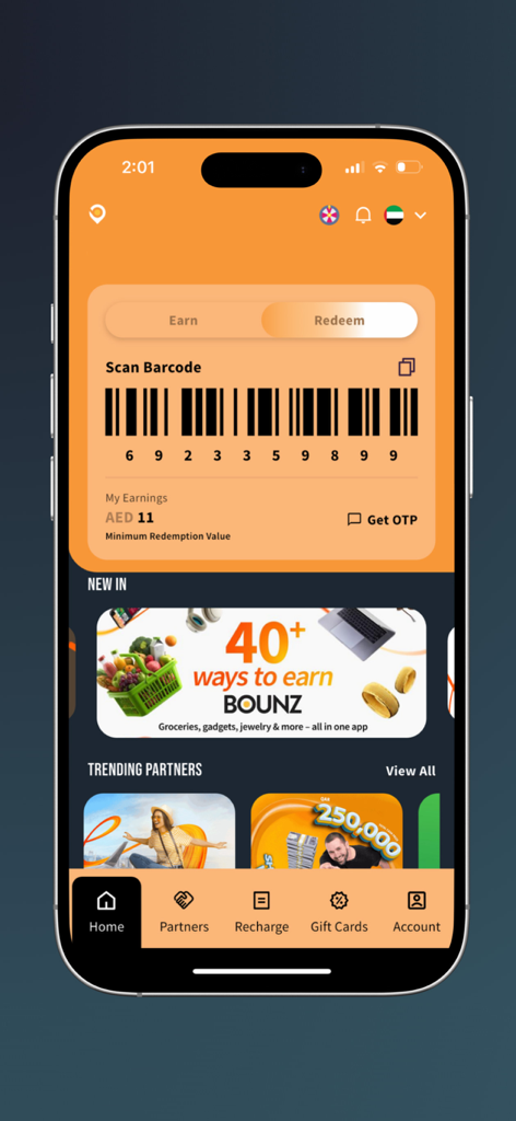 BOUNZ Rewards Loyalty App - BOUNZ Rewards app home screen showing a barcode for point redemption and promotional banners for earning rewards