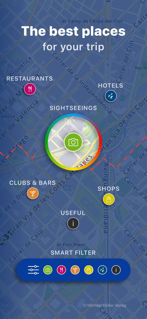 mmTravel travel guide explorer - mmTravel App-Oberfläche mit einer Karte mit intelligenten Filtern für Sehenswürdigkeiten und Gastronomie