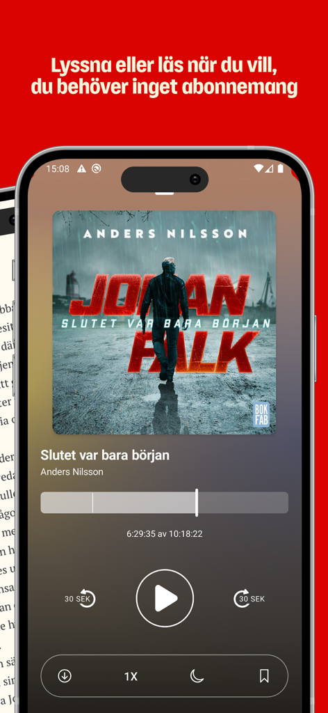 Adlibris Ljudböcker & E-böcker - Adlibris mobile App zeigt die Hörbuch-Wiedergabeoberfläche mit Steuerelementen und Buchcover an