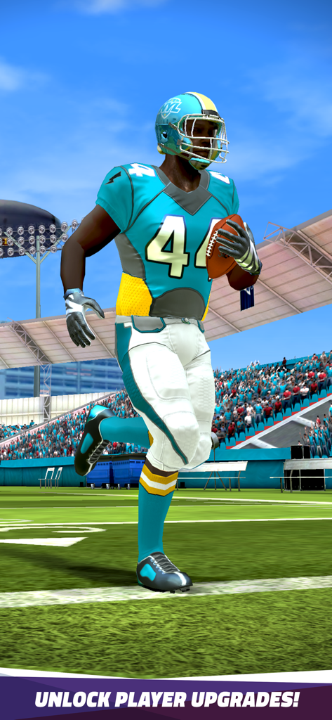 Flick Quarterback 25 - An American football player running on the field in a stadium with the text unlock player upgrades.
