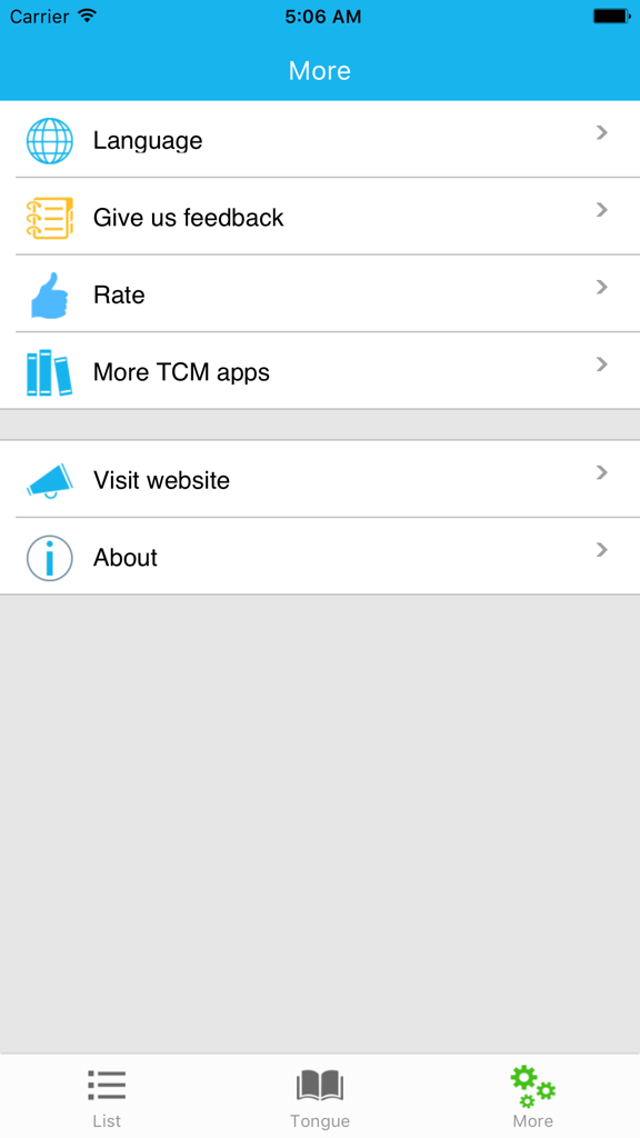 Tongue diagnosis handbook - settings and information menu of the tongue diagnosis handbook app