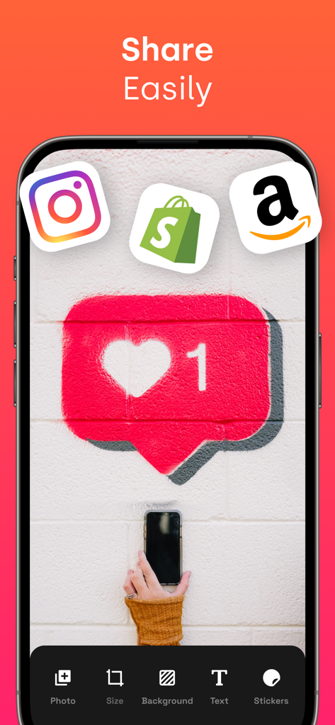 Background Eraser AI - Background Eraser AI app screen displaying easy sharing to Instagram, Shopify, and Amazon