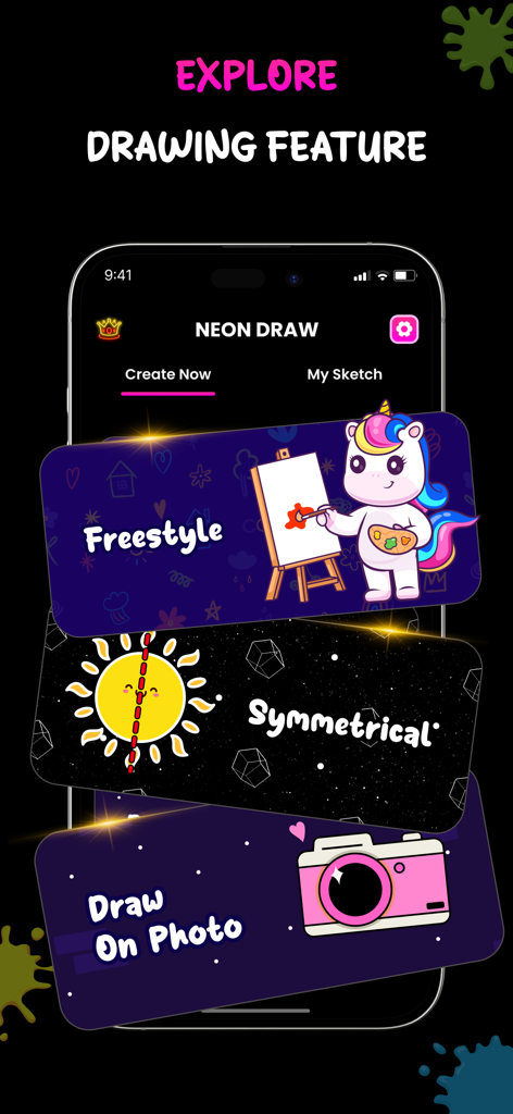 Neon Draw - Glow Doodle Art - 네온 드로 앱의 인터페이스, 프리스타일, 대칭, 사진에 그리기 등 그리기 옵션 표시