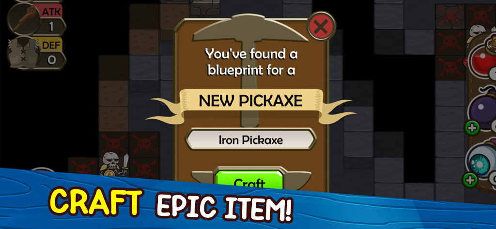 Mine Quest: Crash the Boss RPG - Captura de pantalla del juego Mine Quest que muestra el descubrimiento de un nuevo plano de pico de hierro y un banner de creación de objetos épicos.