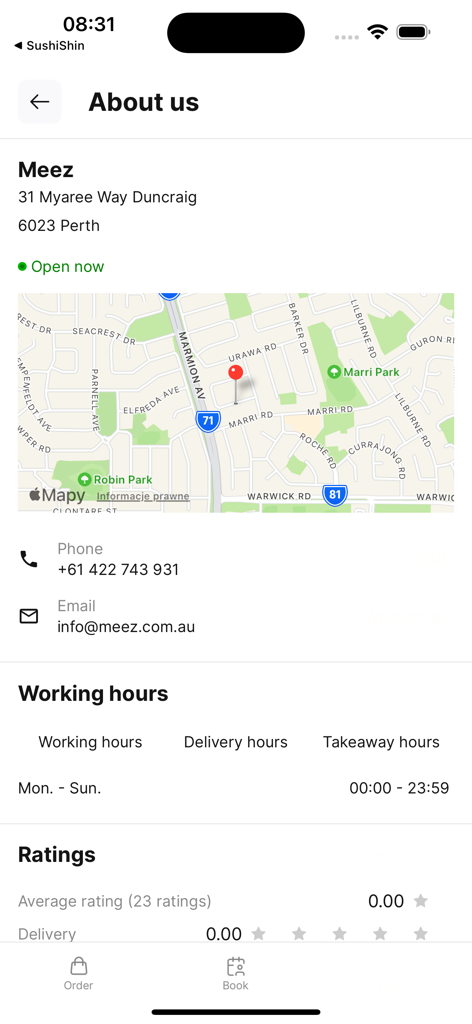 Meez Application - Meez app about us screen showing restaurant location map contact info and working hours
