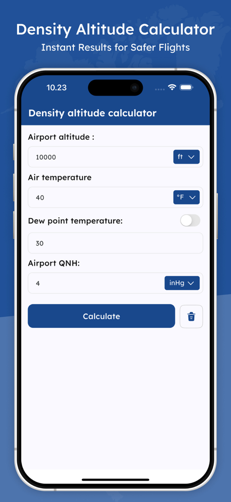 Density Altitude Calculators - Density altitude calculator app interface showing aviation data input fields