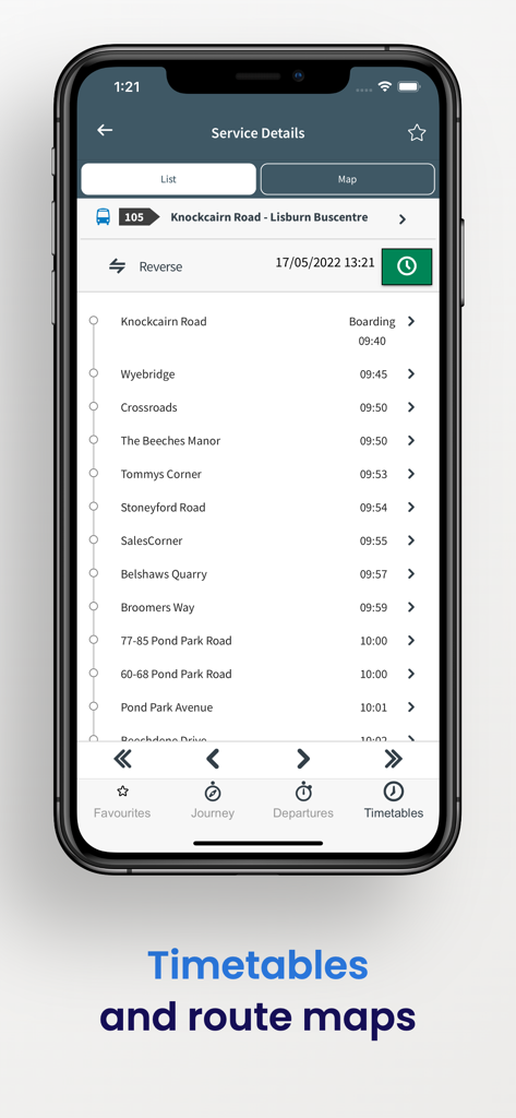 TFI Live - TFI Live App-Oberfläche, die einen Buslinienfahrplan mit chronologischen Stopps und Ankunftszeiten anzeigt.