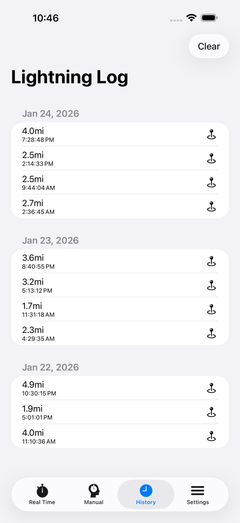 Storm Distance Tracker - A list of previously recorded lightning strike distances and timestamps in the lightning log history screen.