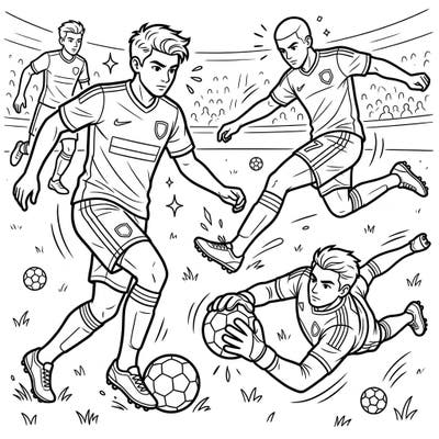 Dive into the thrilling world of soccer with this action-packed coloring page featuring young athletes. Perfect for aspiring sports stars and coloring enthusiasts of all ages.