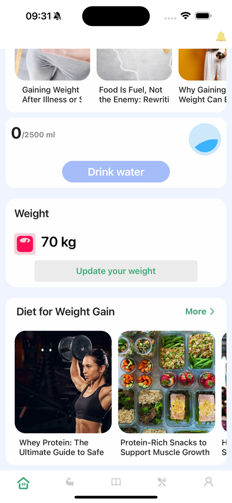 Workout for Underweight - Home dashboard of the Workout for Underweight app showing weight tracking, water intake, and nutritional guides.