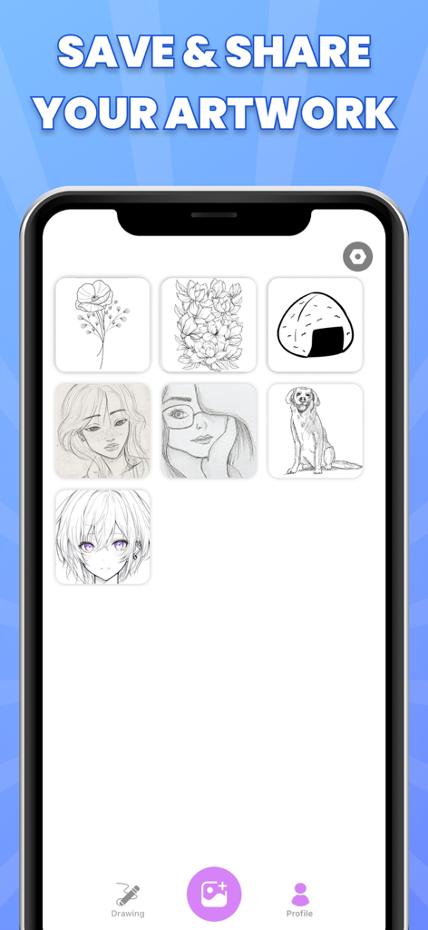 A mobile screen showing a gallery of saved anime sketches and drawings with a Save and Share Your Artwork headline