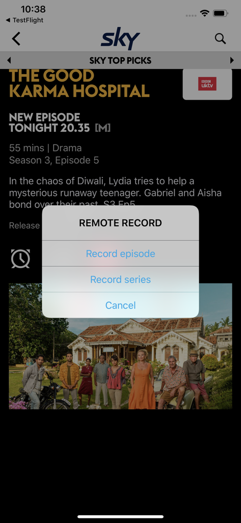 SKY TV GUIDE - Pantalla móvil de la aplicación Sky TV Guide que muestra detalles del programa y un menú emergente de grabación remota