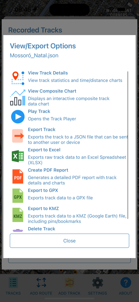 GeoTracker Lite app showing track view and export options for JSON, Excel, PDF, GPX, and KMZ formats.