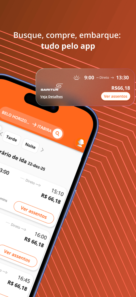 Pantalla móvil de la app Saritur Viagens mostrando resultados de búsqueda de viajes en autobús con horarios y precios