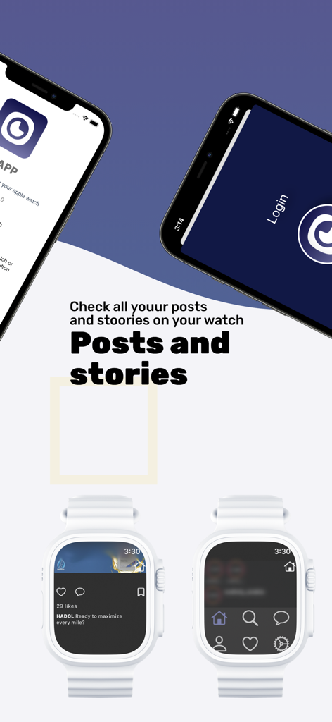 Pix For Watch - Interfaccia dell'app Pix For Watch che mostra post e storie di Instagram su un Apple Watch.