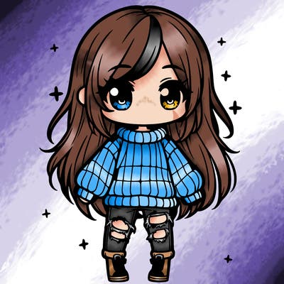 chibi girl with ripped jeans,long hair, and an oversized sweater