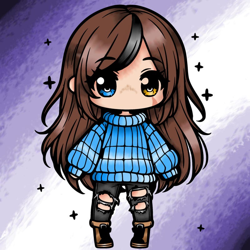 chibi girl with ripped jeans,long hair, and an oversized sweater